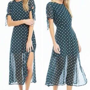 Retro Peacock Green Polka Dot Tie Flutter Sleeve Sheer LegSlit Midi Dress